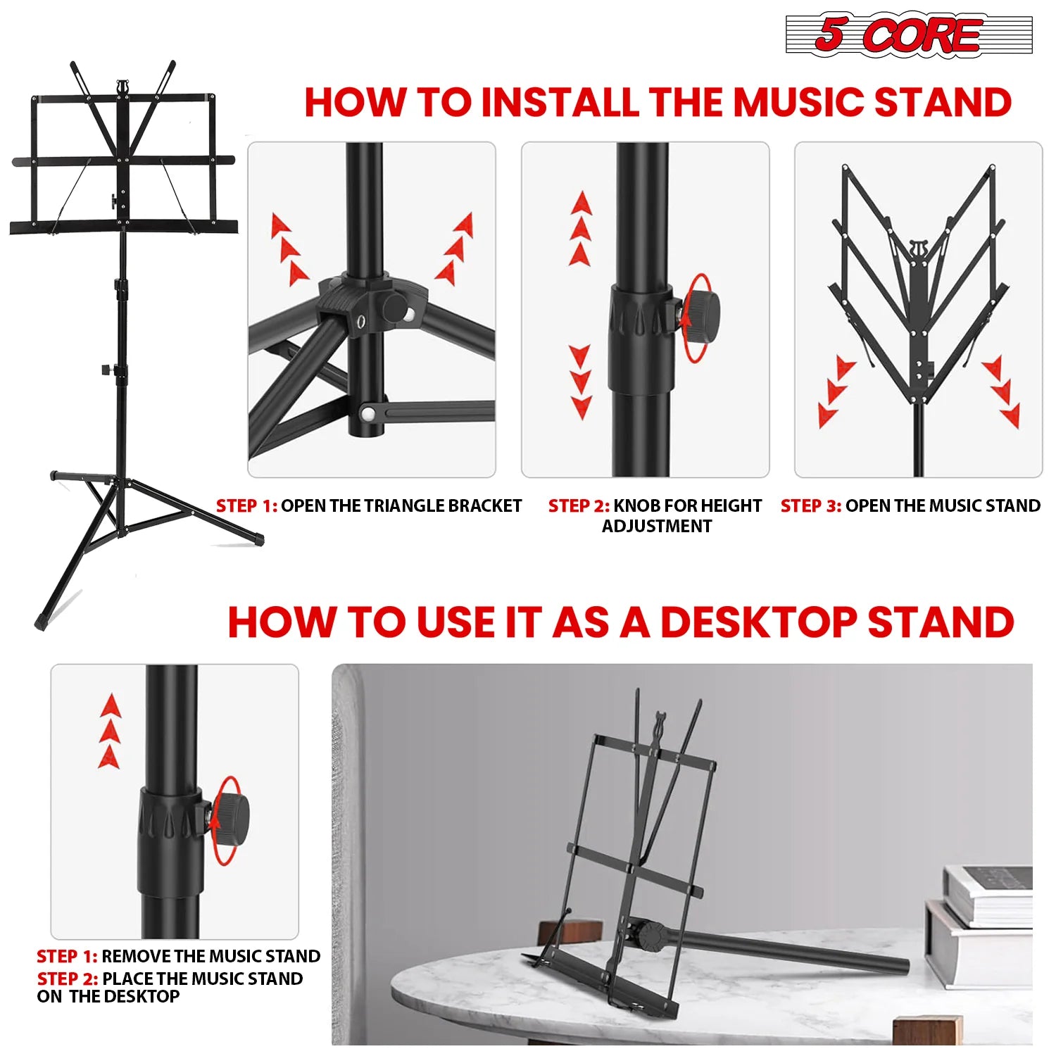 5Core Music Stand for Sheet Music Portable Tripod Adjustable Folding Note Holder BLACK