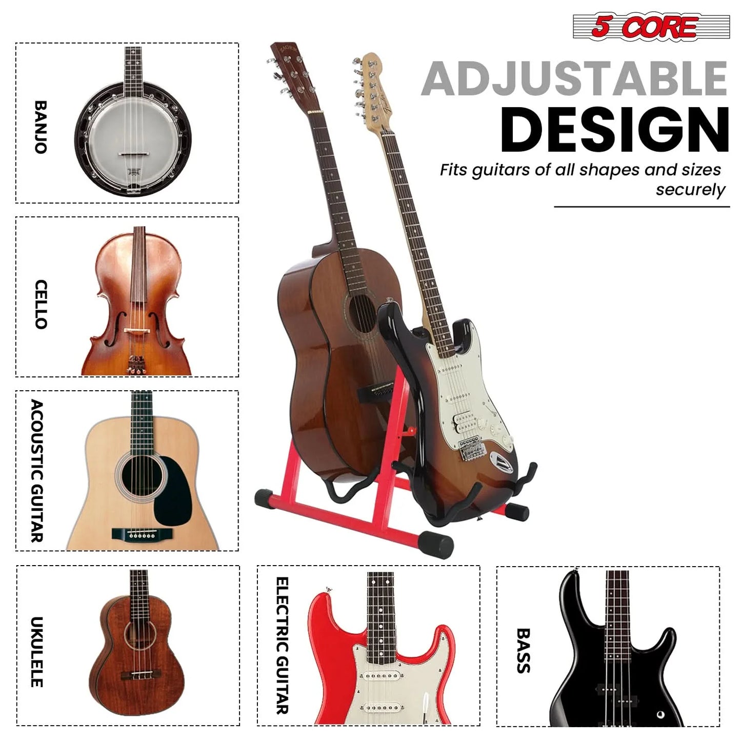 5CORE Double Guitar Stand | Adjustable & Foldable A-Frame for Acoustic & Electric Guitars (Red)