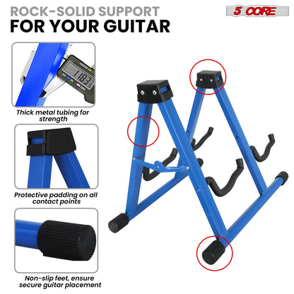 5CORE Double Guitar Stand | Adjustable & Foldable A-Frame for Acoustic & Electric Guitars (Blue)