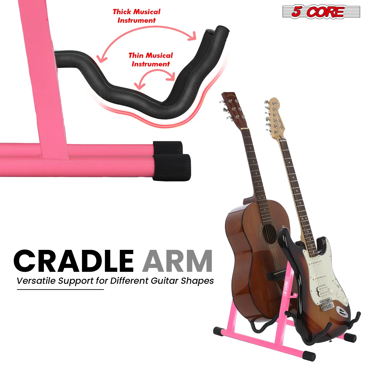 5CORE Double Guitar Stand | Adjustable & Foldable A-Frame for Acoustic & Electric Guitars (Pink)