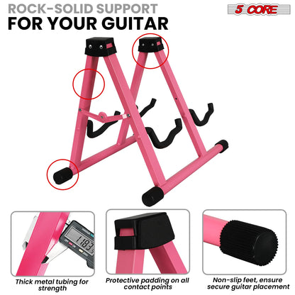 5CORE Double Guitar Stand | Adjustable & Foldable A-Frame for Acoustic & Electric Guitars (Pink)