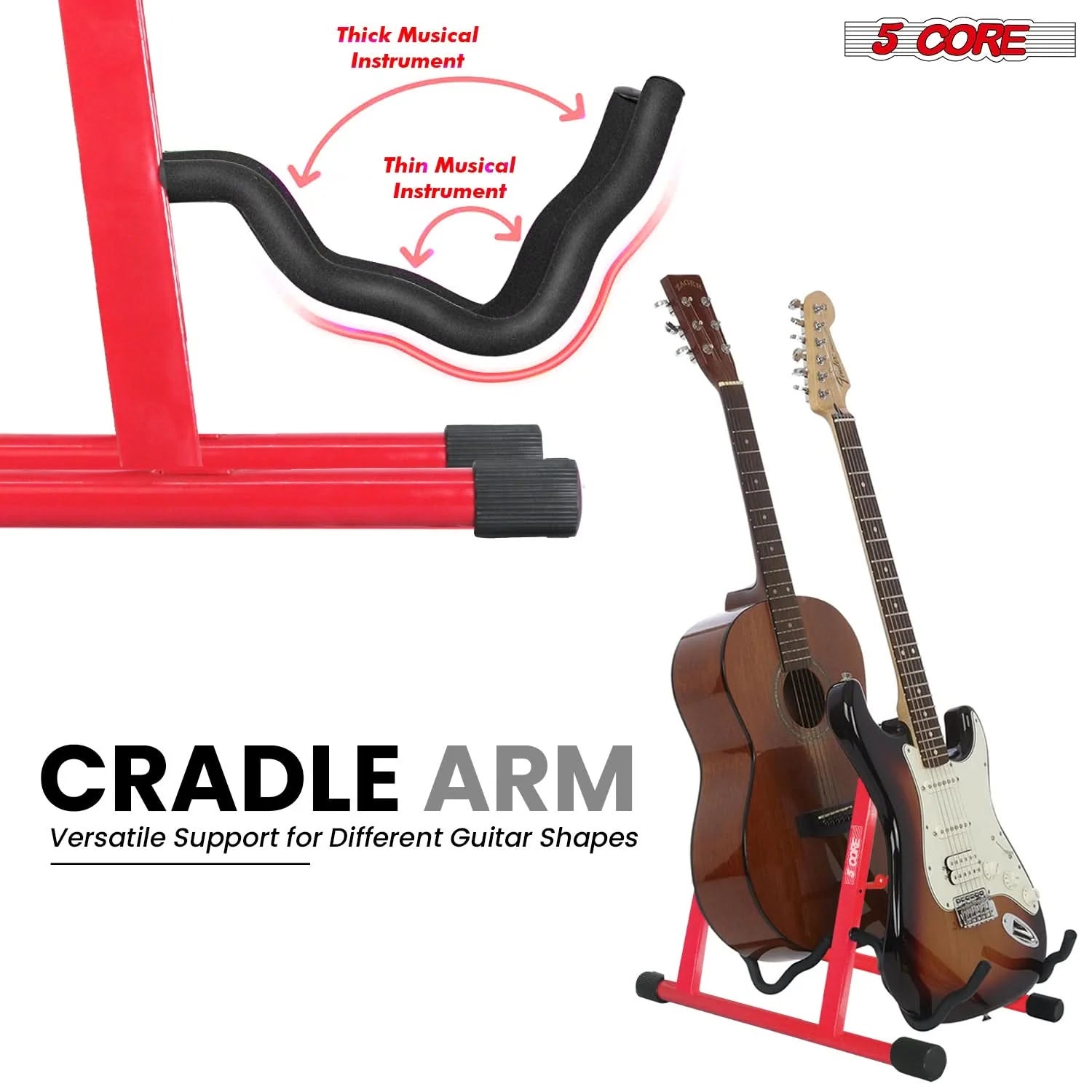 5CORE Double Guitar Stand | Adjustable & Foldable A-Frame for Acoustic & Electric Guitars (Red)