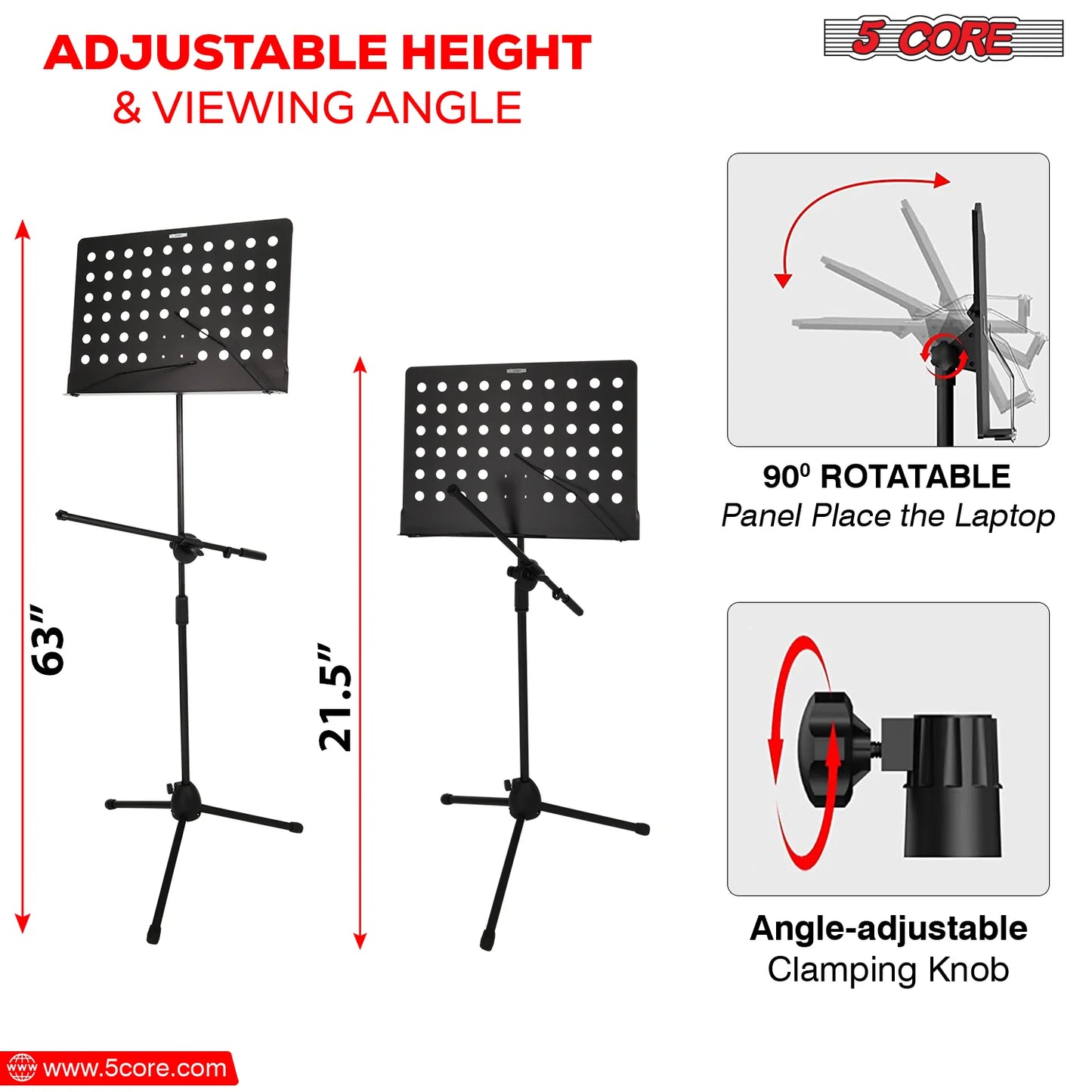 5Core Music Stand for Sheet Music Portablr Folding Tripod + Detachable Mic Holder