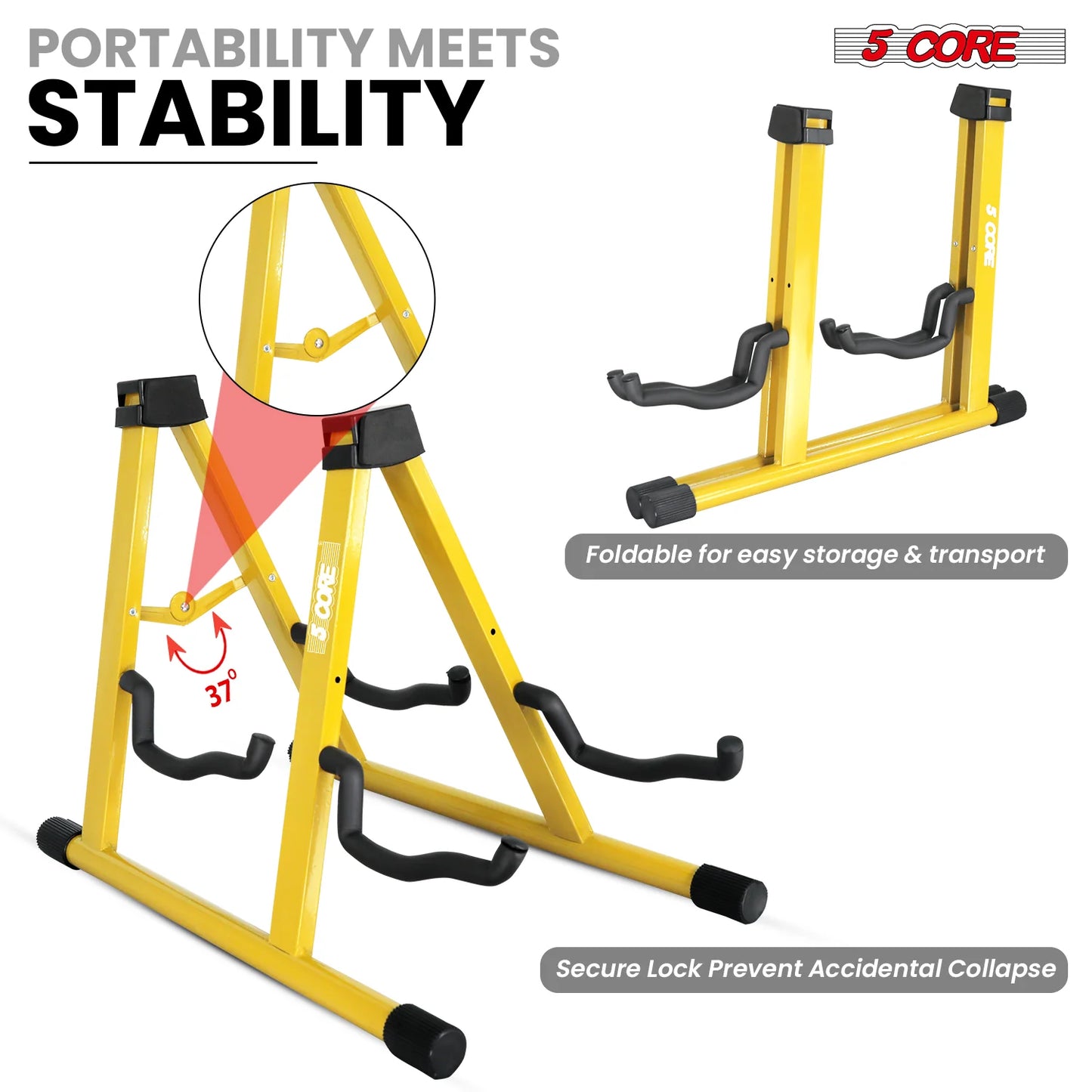 5CORE Double Guitar Stand | Adjustable & Foldable A-Frame for Acoustic & Electric Guitars (Yellow)