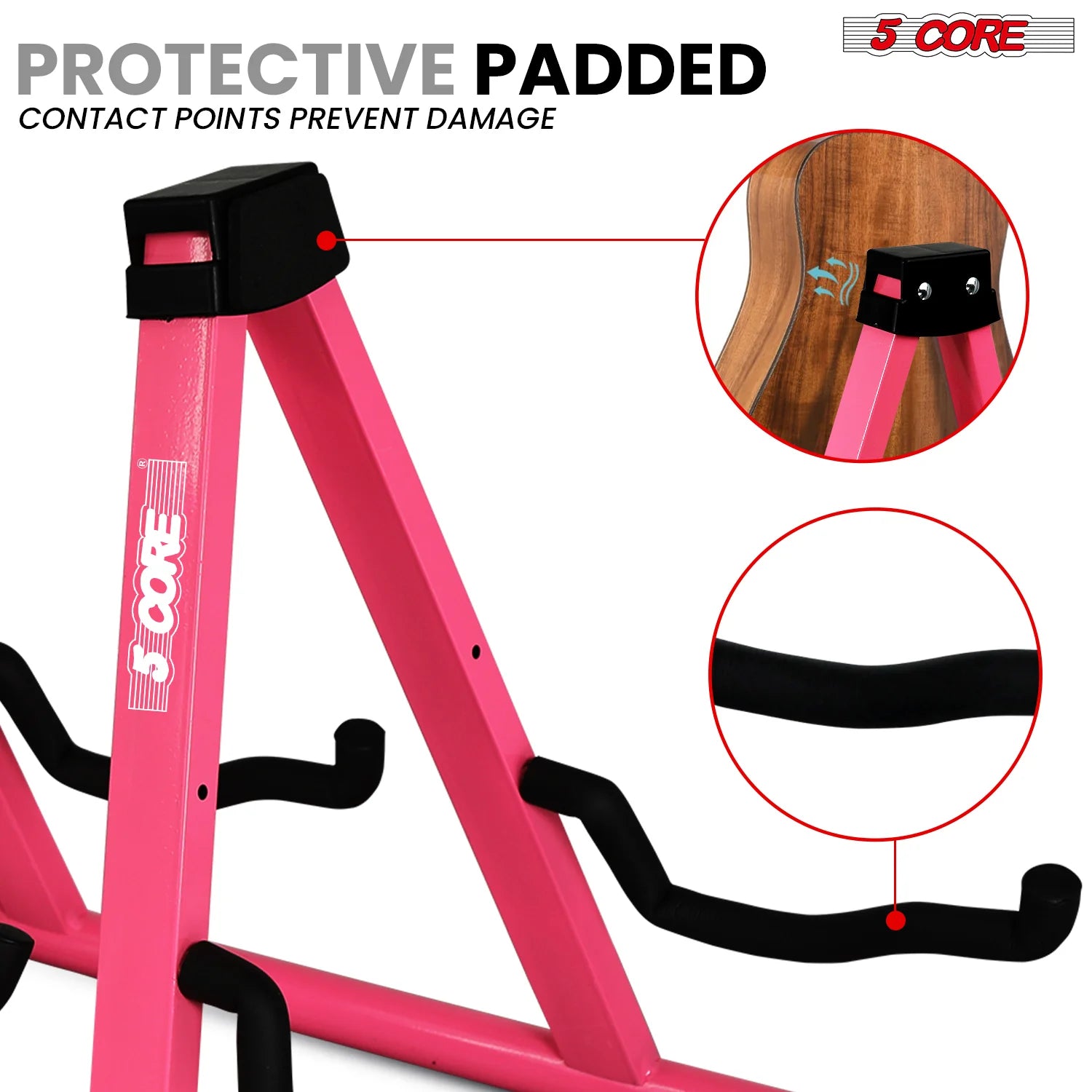 5CORE Double Guitar Stand | Adjustable & Foldable A-Frame for Acoustic & Electric Guitars (Pink)