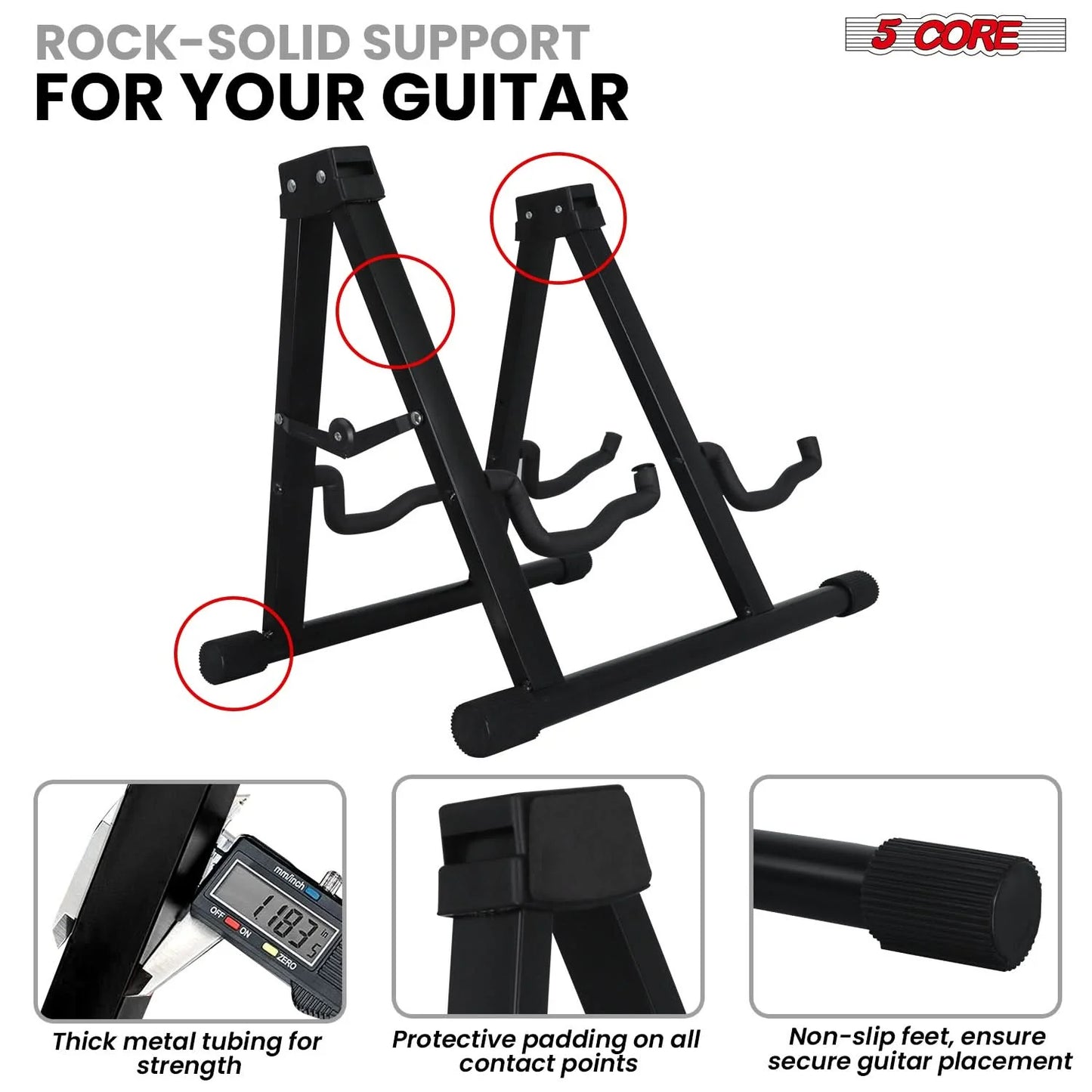 5CORE Double Guitar Stand | Adjustable & Foldable A-Frame for Acoustic & Electric Guitars (Black)