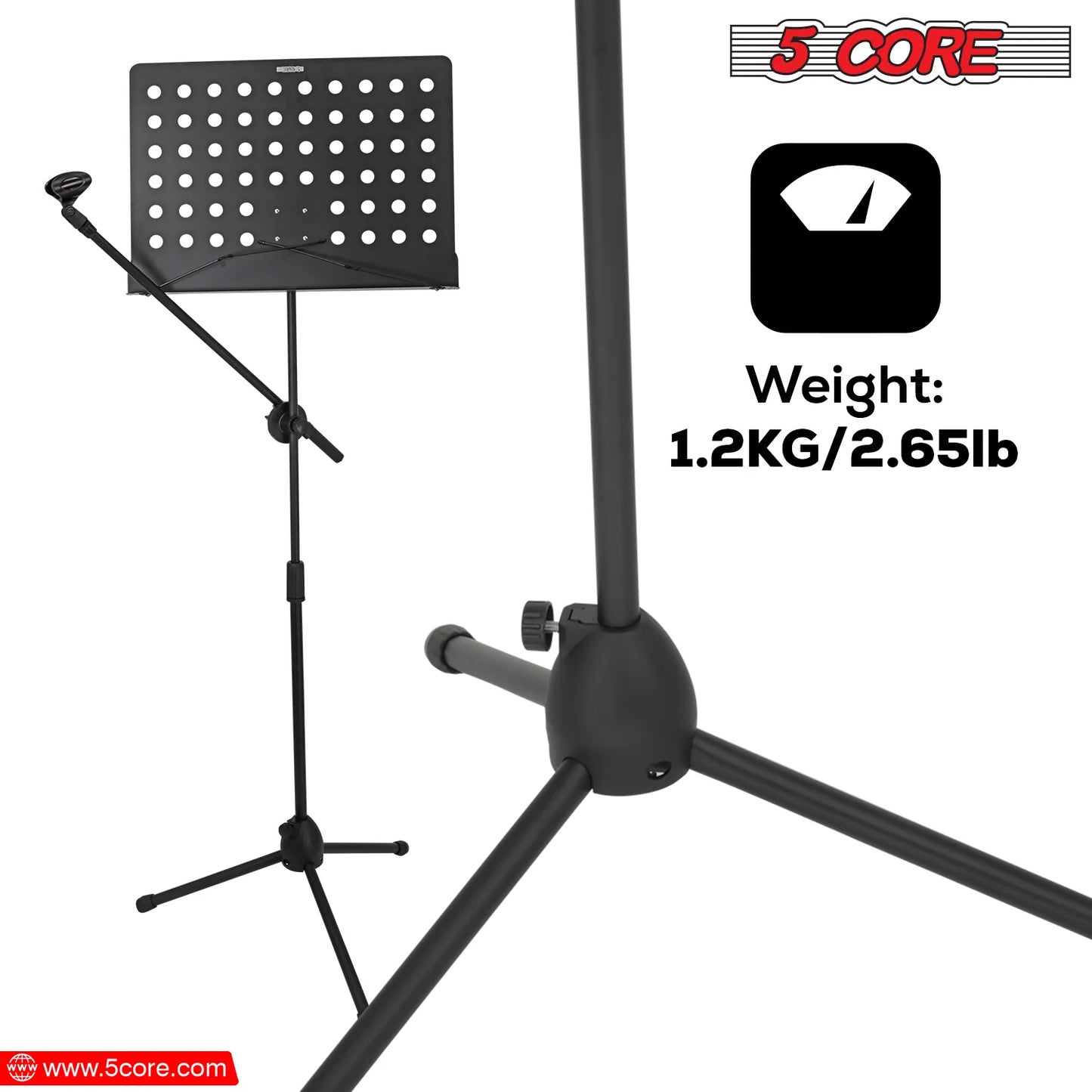 5Core Music Stand for Sheet Music Portablr Folding Tripod + Detachable Mic Holder