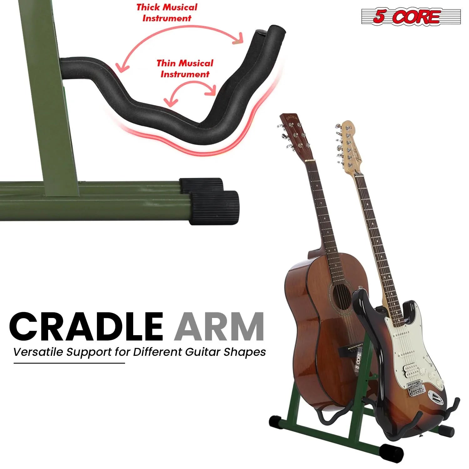 5CORE Double Guitar Stand | Adjustable & Foldable A-Frame for Acoustic & Electric Guitars (Camo Green)