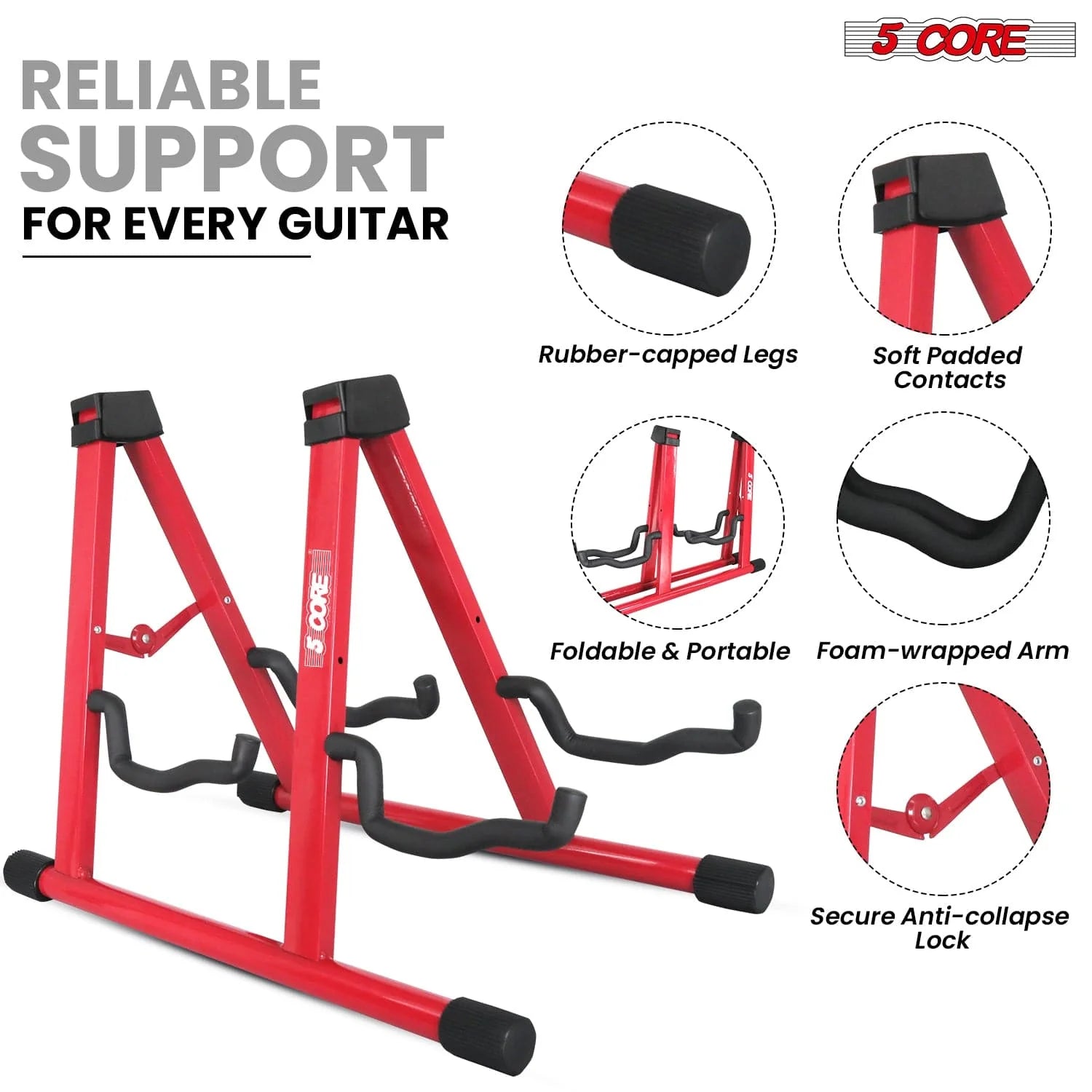 5CORE Double Guitar Stand | Adjustable & Foldable A-Frame for Acoustic & Electric Guitars (Red)