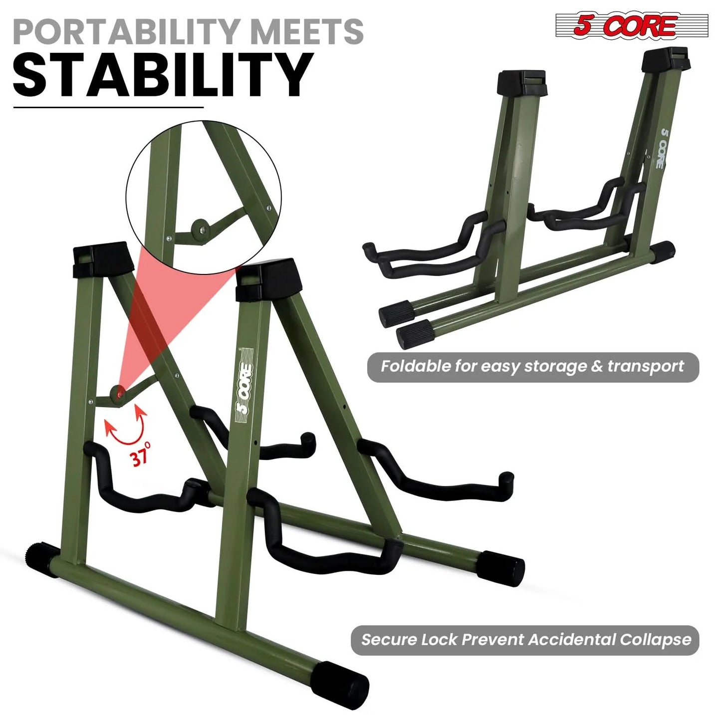 5CORE Double Guitar Stand | Adjustable & Foldable A-Frame for Acoustic & Electric Guitars (Camo Green)