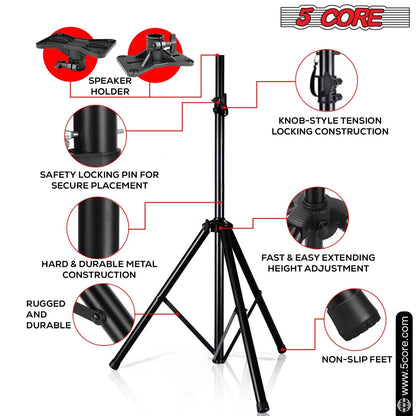 5Core Speaker Stand Tripod Tall Adjustable 72 Inch DJ Studio Monitor Stands Pole Mount BLACK