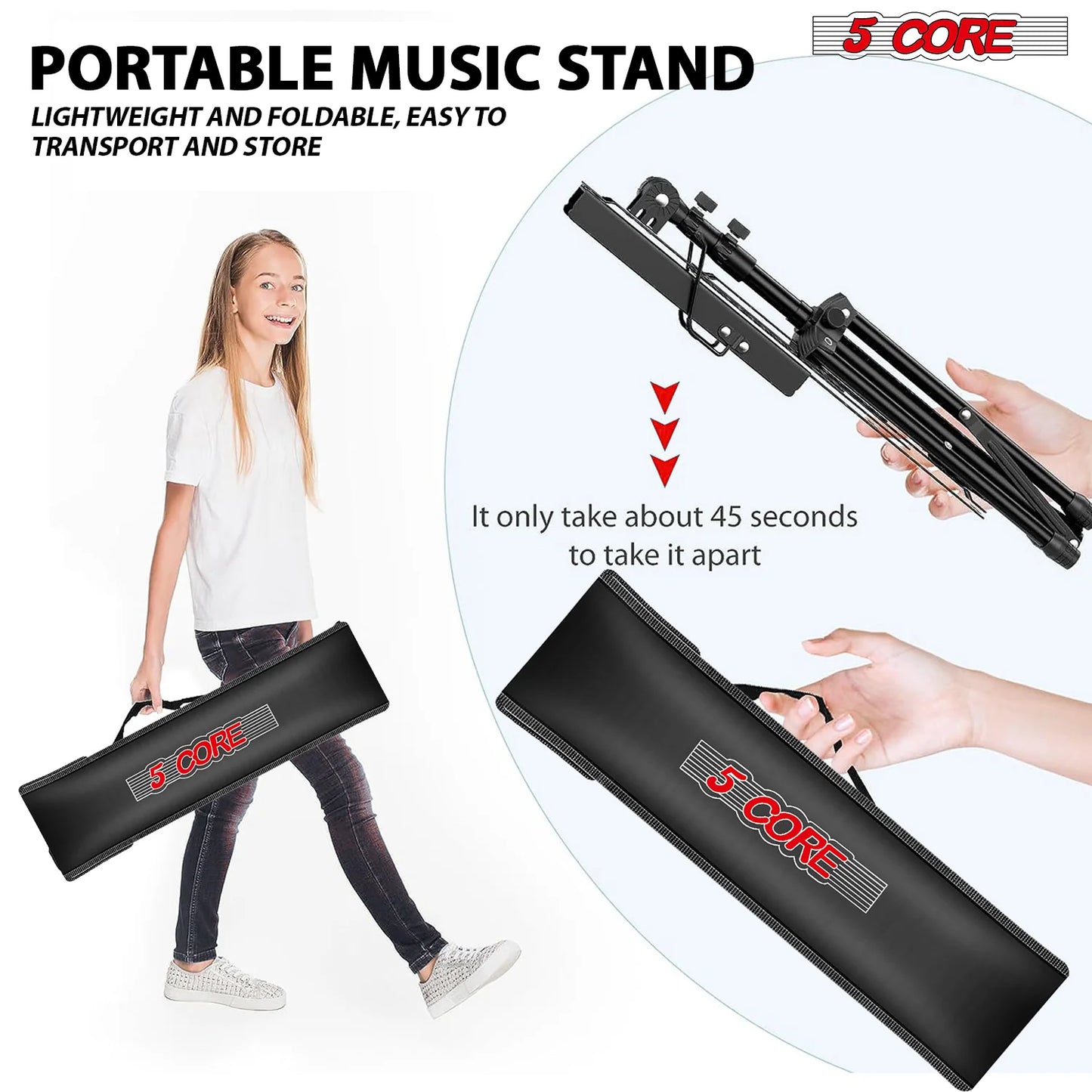 5Core Music Stand for Sheet Music Portable Tripod Adjustable Folding Note Holder BLACK