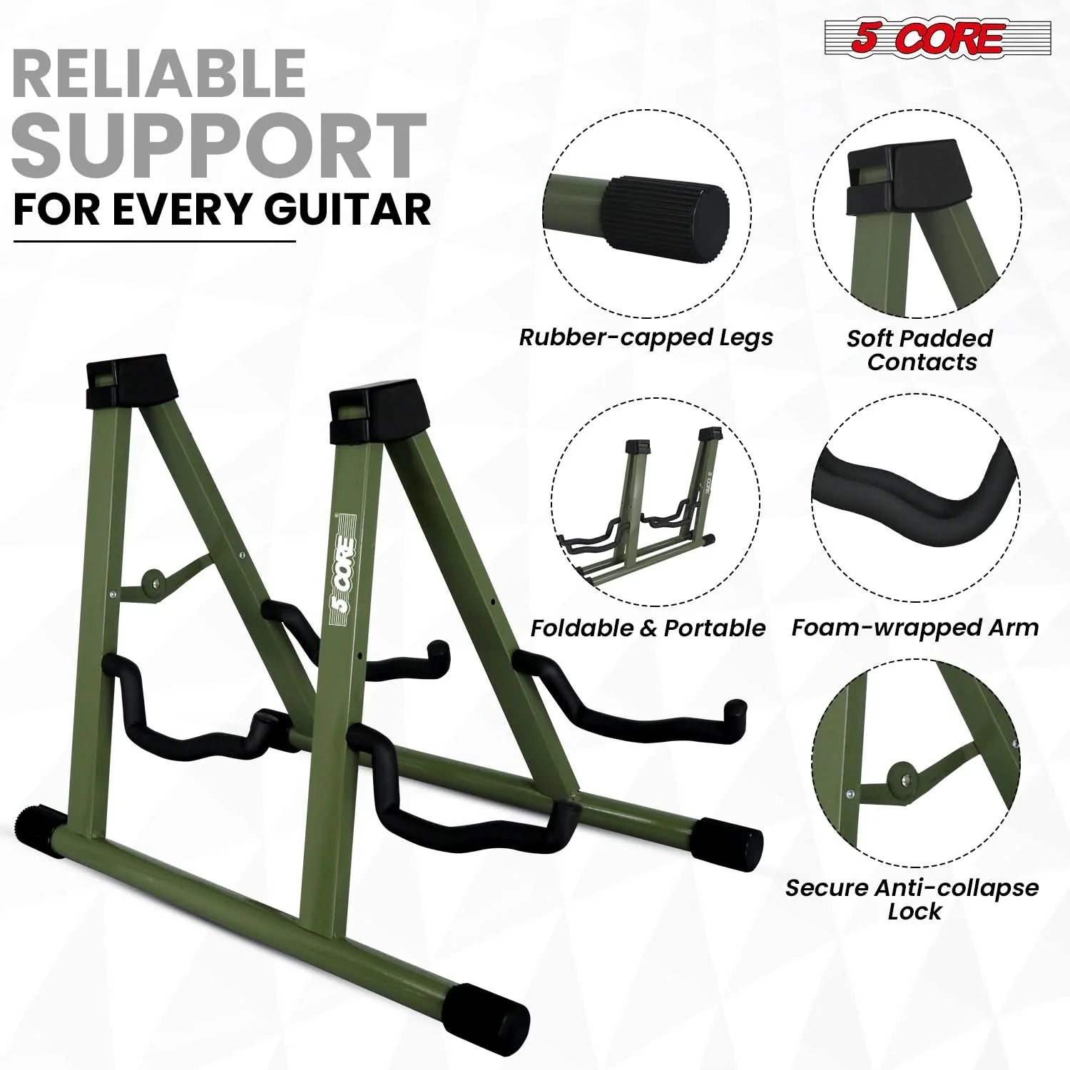 5CORE Double Guitar Stand | Adjustable & Foldable A-Frame for Acoustic & Electric Guitars (Camo Green)