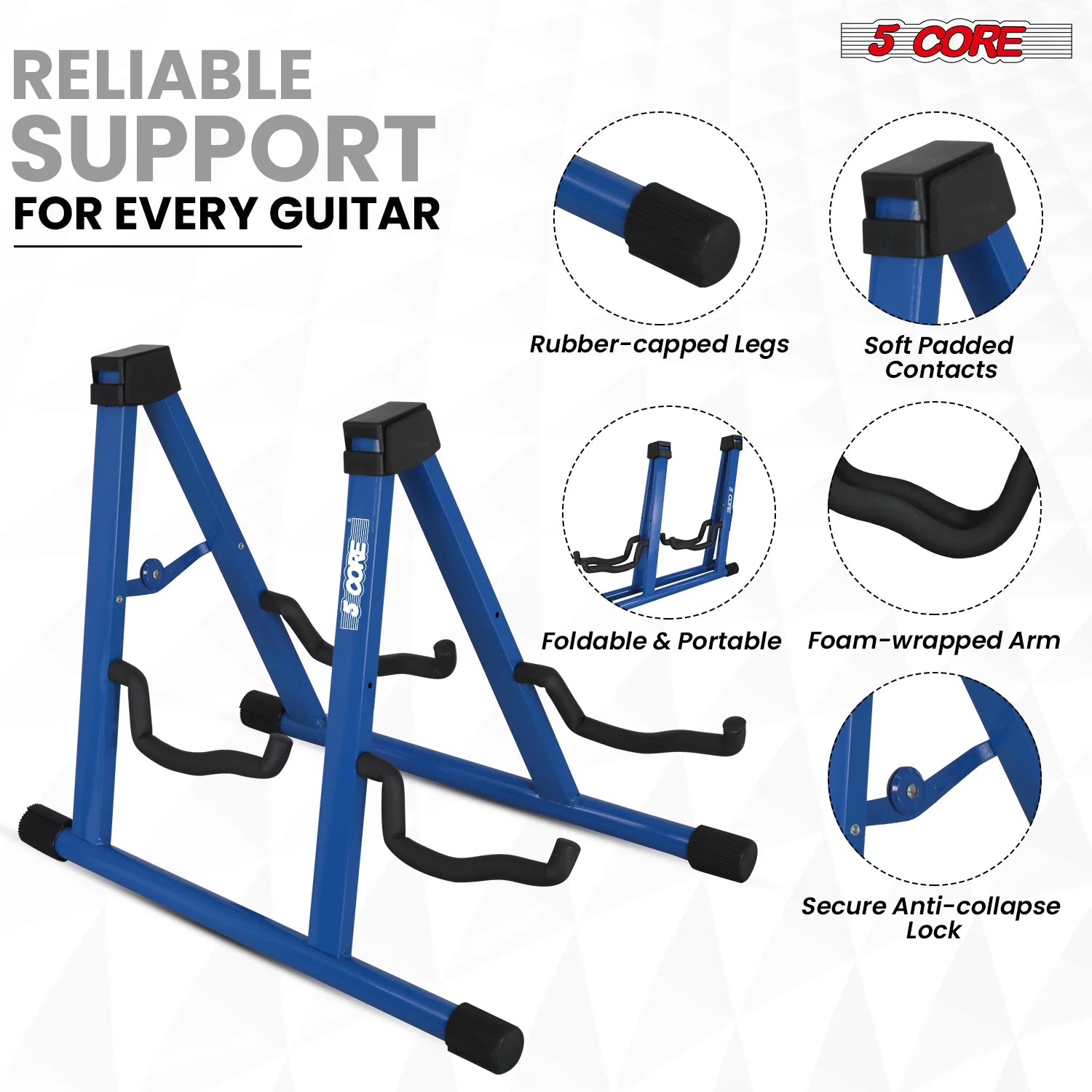 5CORE Double Guitar Stand | Adjustable & Foldable A-Frame for Acoustic & Electric Guitars (Blue)