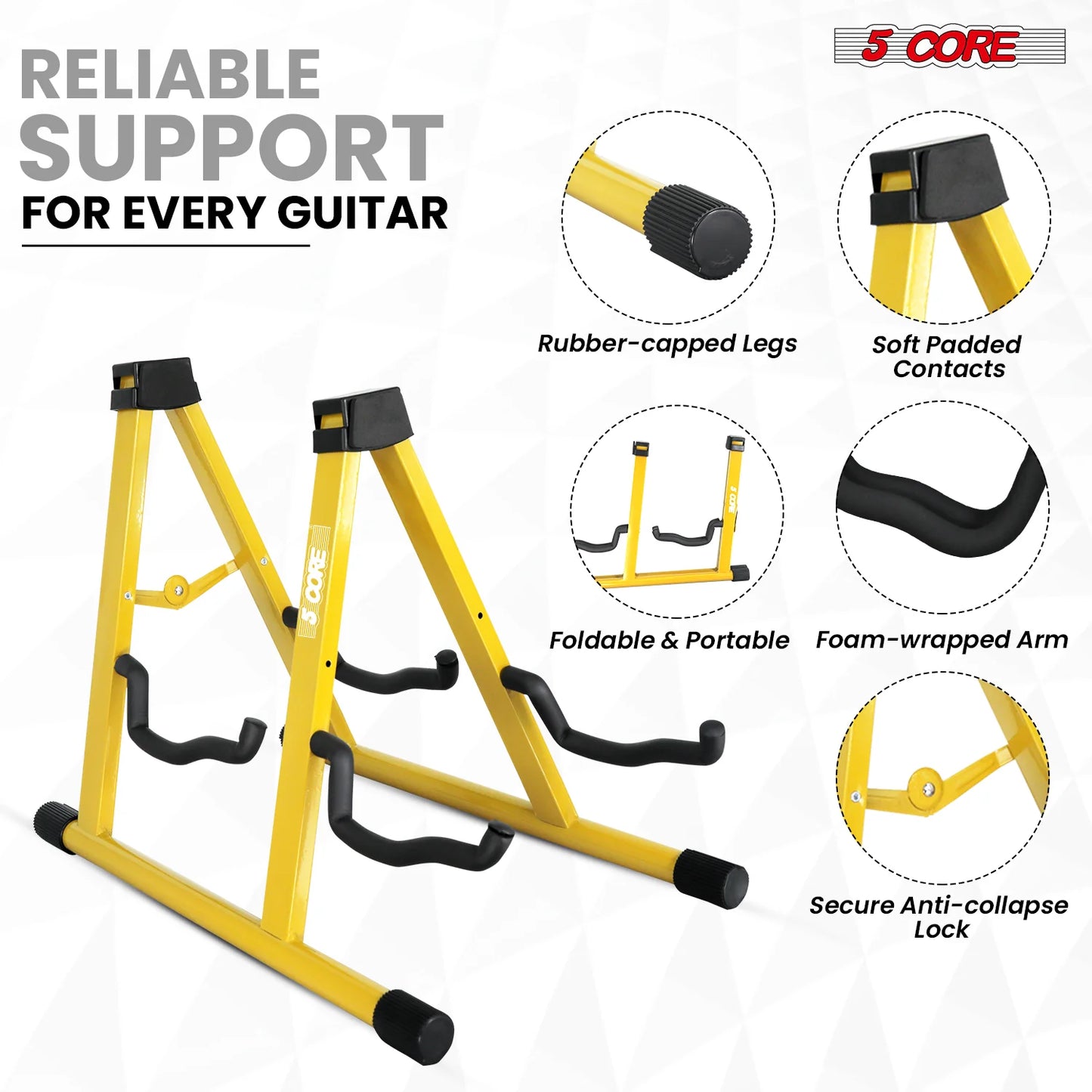 5CORE Double Guitar Stand | Adjustable & Foldable A-Frame for Acoustic & Electric Guitars (Yellow)