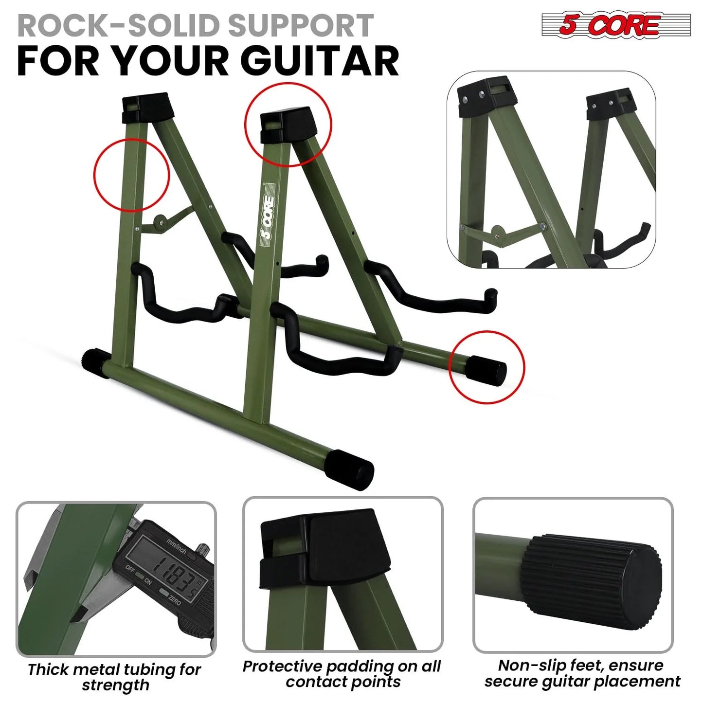 5CORE Double Guitar Stand | Adjustable & Foldable A-Frame for Acoustic & Electric Guitars (Camo Green)