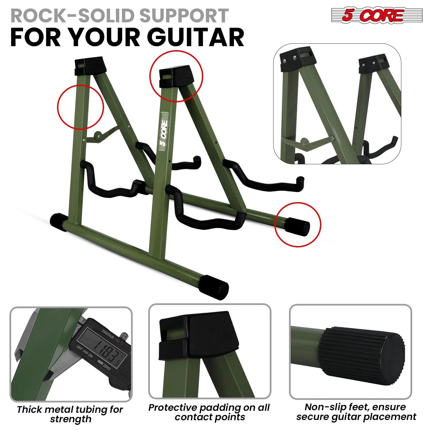 5CORE Double Guitar Stand | Adjustable & Foldable A-Frame for Acoustic & Electric Guitars (Camo Green)