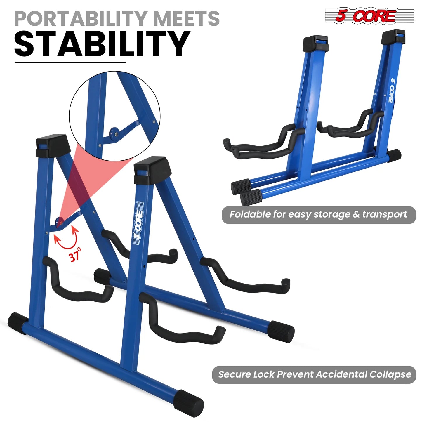 5CORE Double Guitar Stand | Adjustable & Foldable A-Frame for Acoustic & Electric Guitars (Blue)