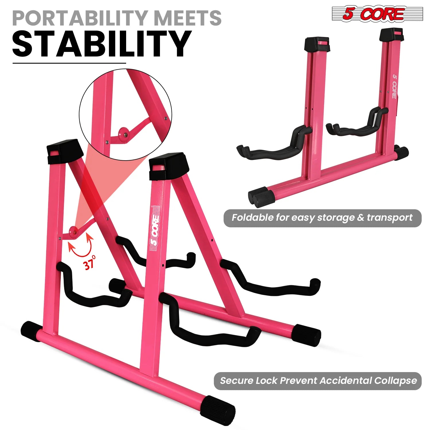 5CORE Double Guitar Stand | Adjustable & Foldable A-Frame for Acoustic & Electric Guitars (Pink)