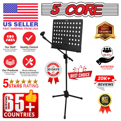 5Core Music Stand for Sheet Music Portablr Folding Tripod + Detachable Mic Holder