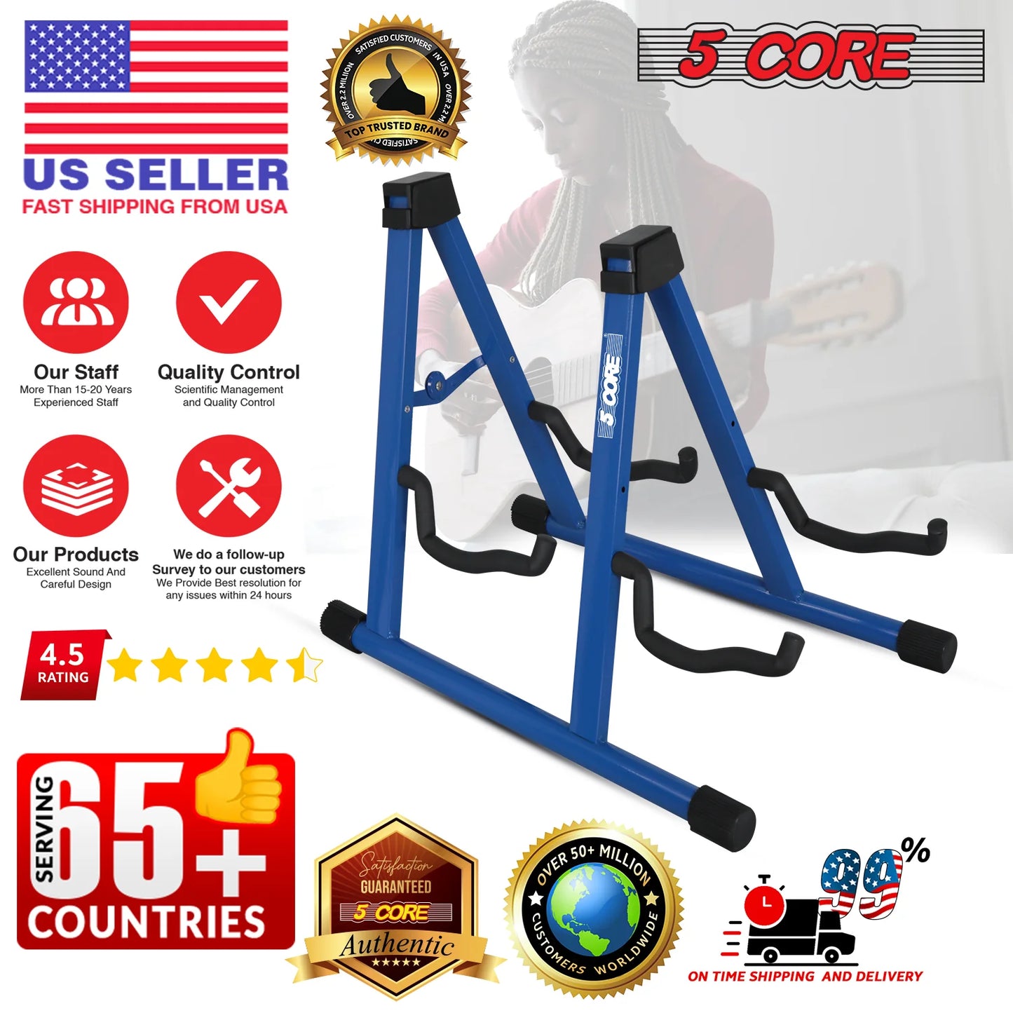 5CORE Double Guitar Stand | Adjustable & Foldable A-Frame for Acoustic & Electric Guitars (Blue)