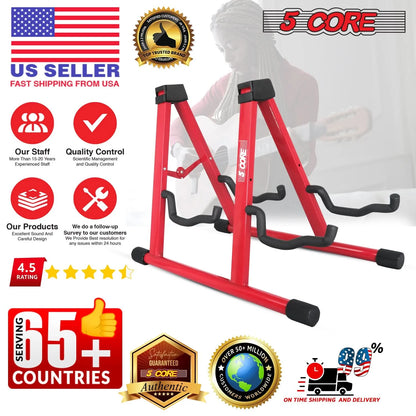 5CORE Double Guitar Stand | Adjustable & Foldable A-Frame for Acoustic & Electric Guitars (Red)