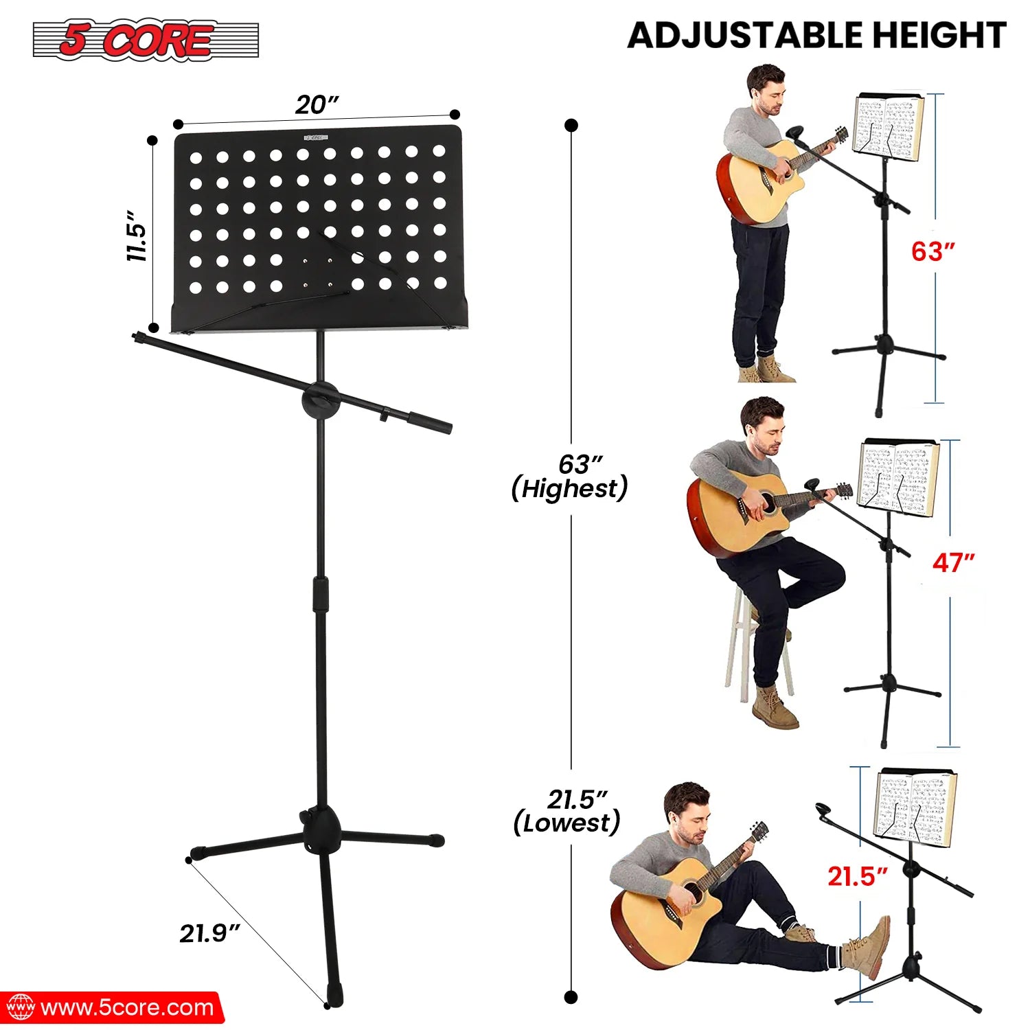 5Core Music Stand for Sheet Music Portablr Folding Tripod + Detachable Mic Holder