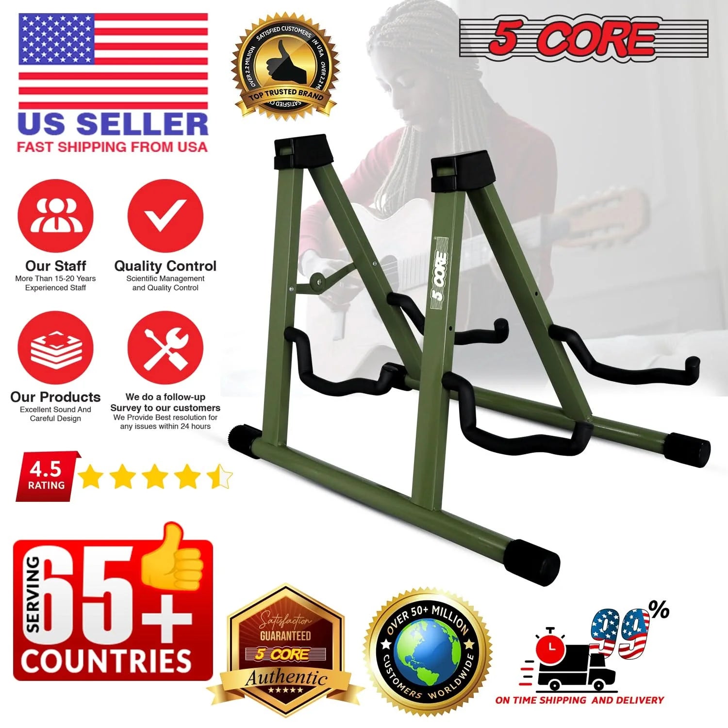 5CORE Double Guitar Stand | Adjustable & Foldable A-Frame for Acoustic & Electric Guitars (Camo Green)