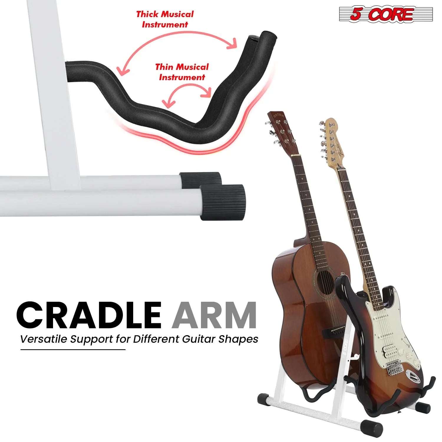 5CORE Double Guitar Stand | Adjustable & Foldable A-Frame for Acoustic & Electric Guitars (White)