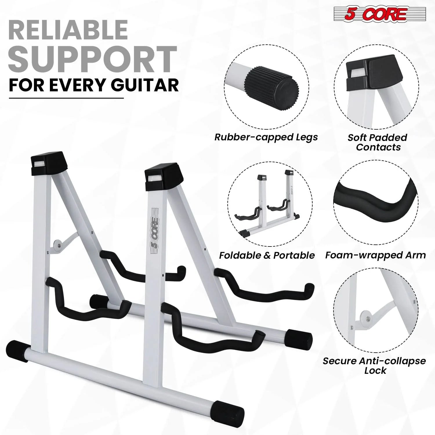 5CORE Double Guitar Stand | Adjustable & Foldable A-Frame for Acoustic & Electric Guitars (White)