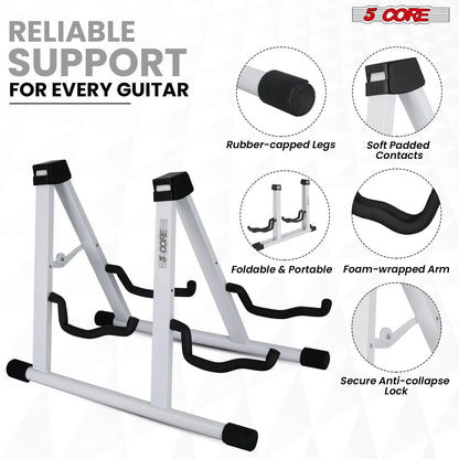 5CORE Double Guitar Stand | Adjustable & Foldable A-Frame for Acoustic & Electric Guitars (White)