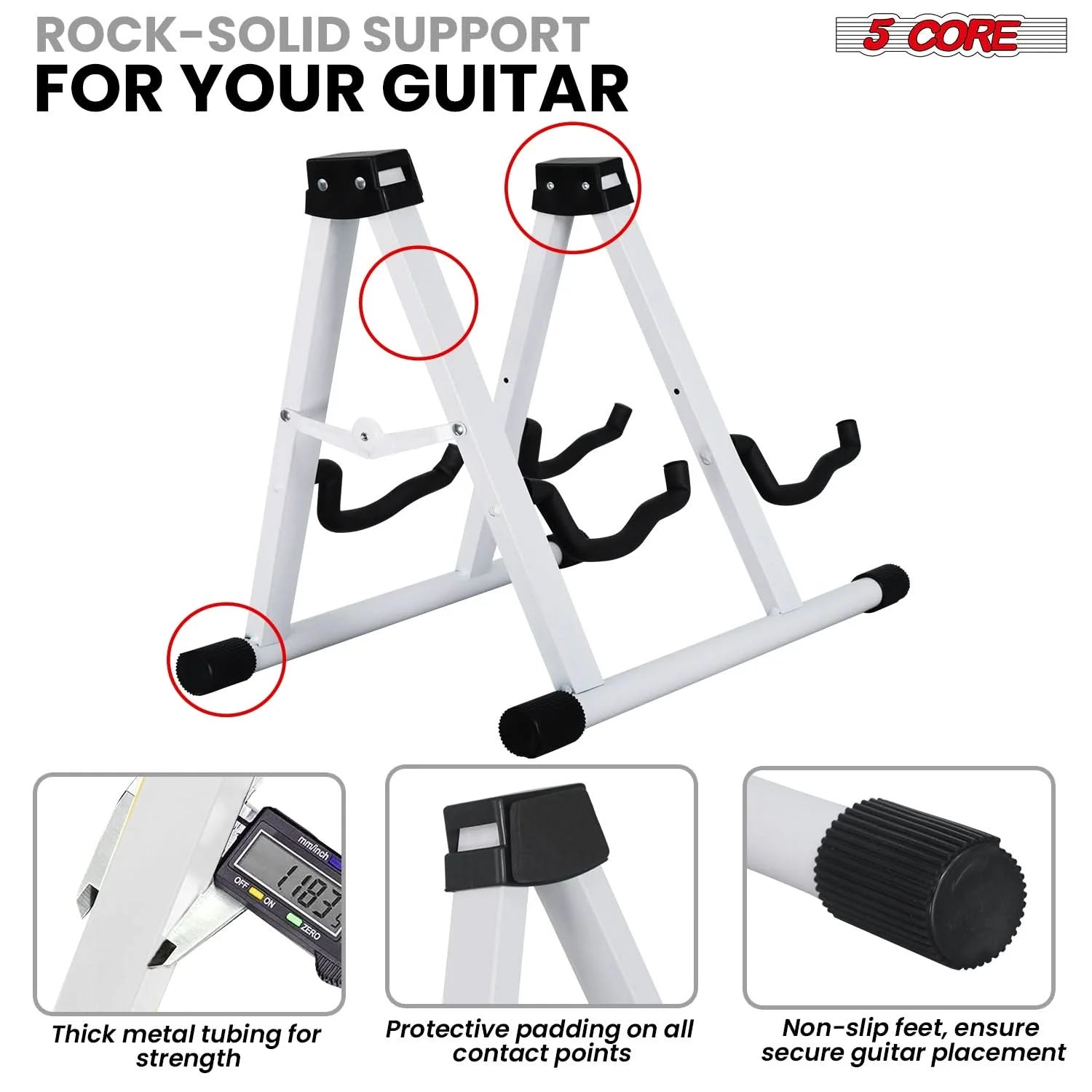 5CORE Double Guitar Stand | Adjustable & Foldable A-Frame for Acoustic & Electric Guitars (White)