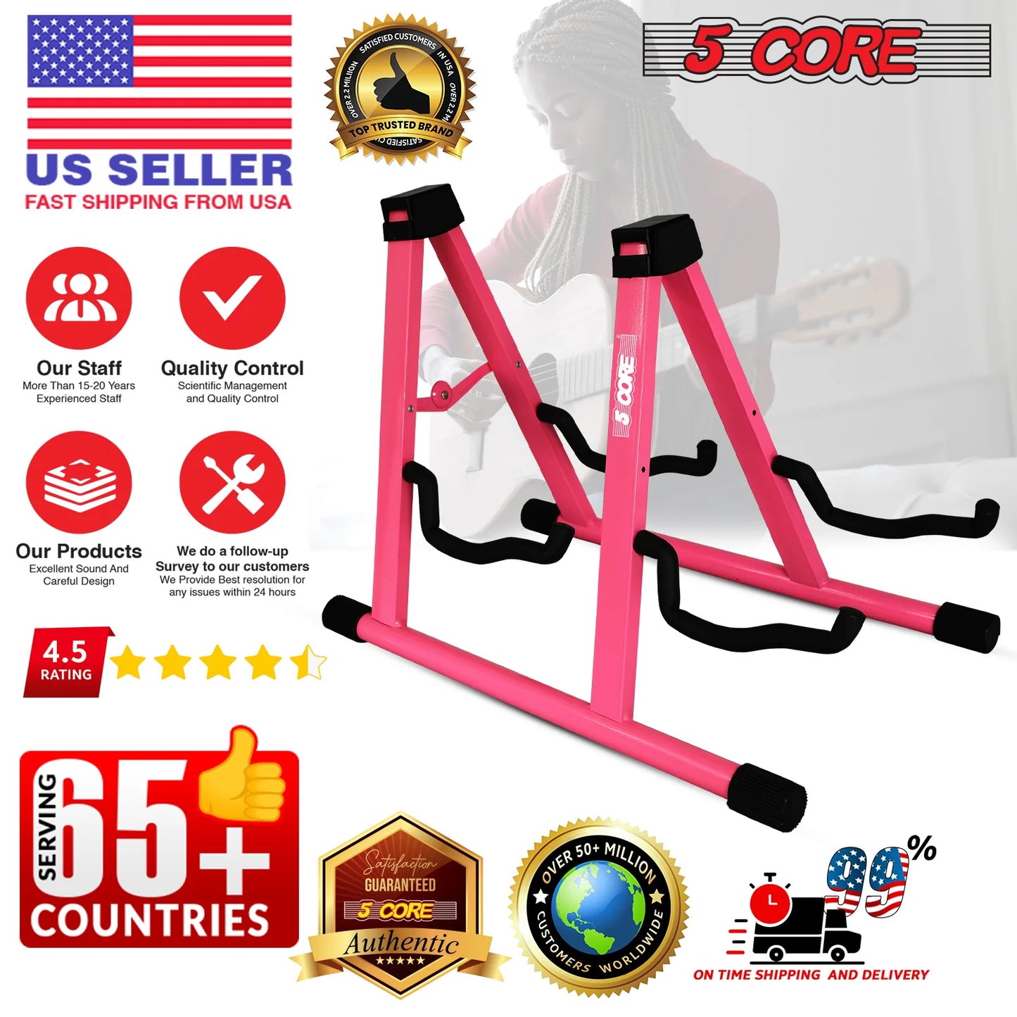 5CORE Double Guitar Stand | Adjustable & Foldable A-Frame for Acoustic & Electric Guitars (Pink)