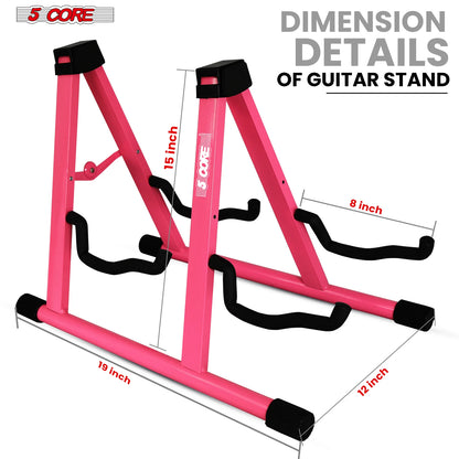 5CORE Double Guitar Stand | Adjustable & Foldable A-Frame for Acoustic & Electric Guitars (Pink)