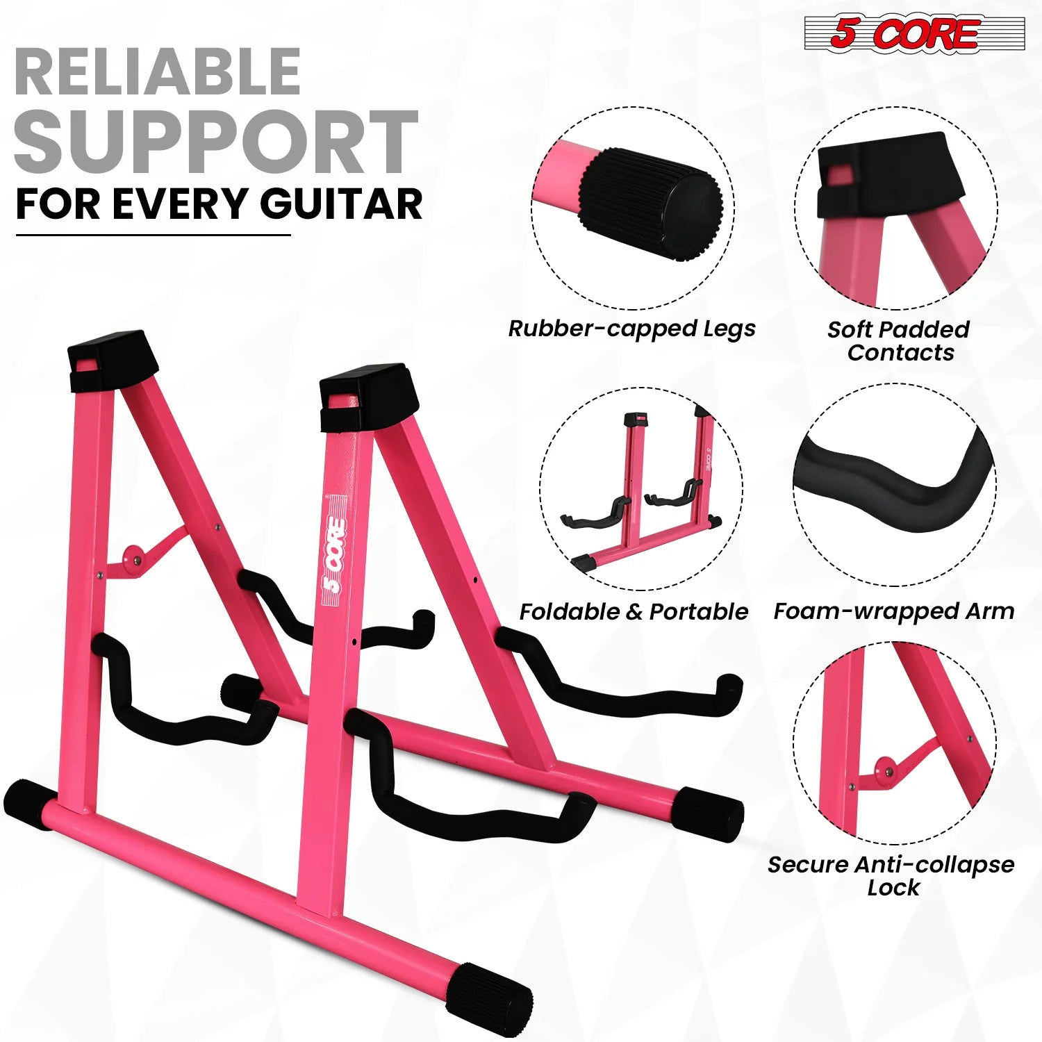 5CORE Double Guitar Stand | Adjustable & Foldable A-Frame for Acoustic & Electric Guitars (Pink)