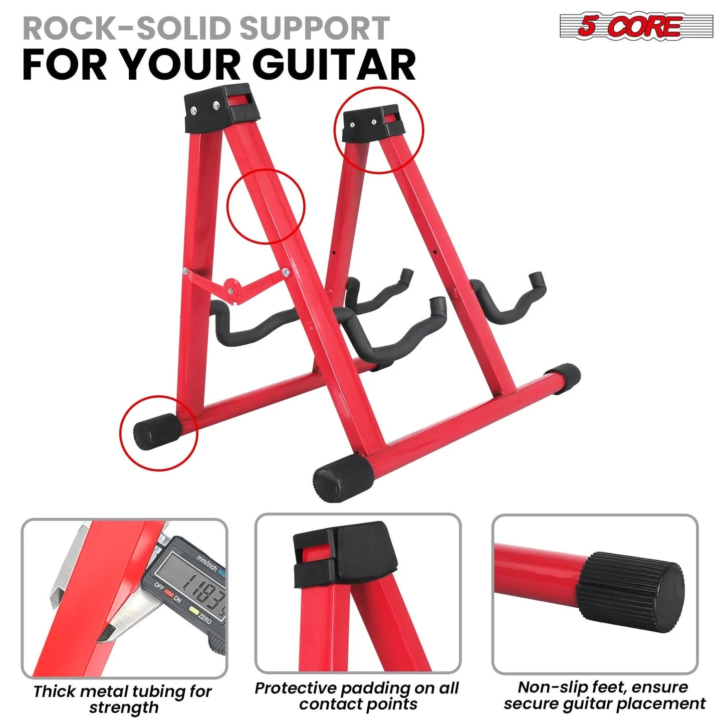 5CORE Double Guitar Stand | Adjustable & Foldable A-Frame for Acoustic & Electric Guitars (Red)