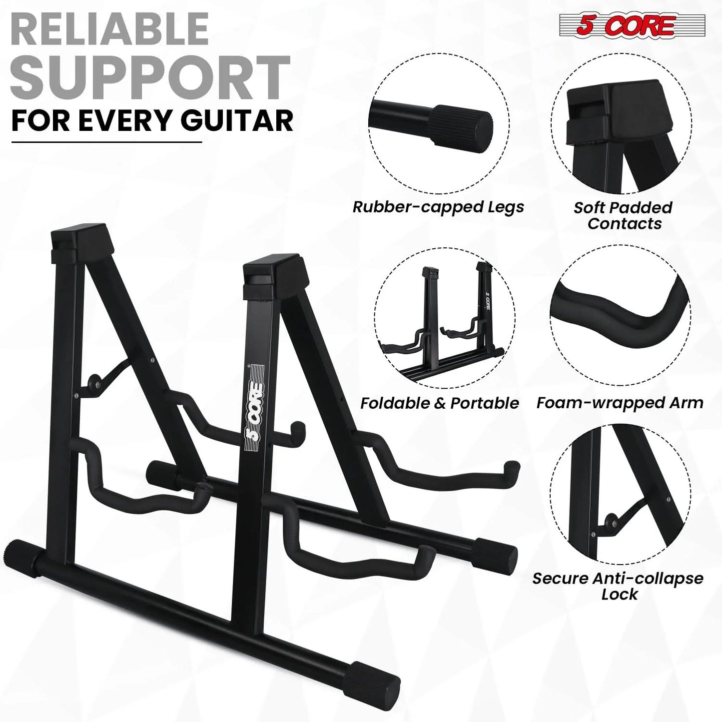 5CORE Double Guitar Stand | Adjustable & Foldable A-Frame for Acoustic & Electric Guitars (Black)