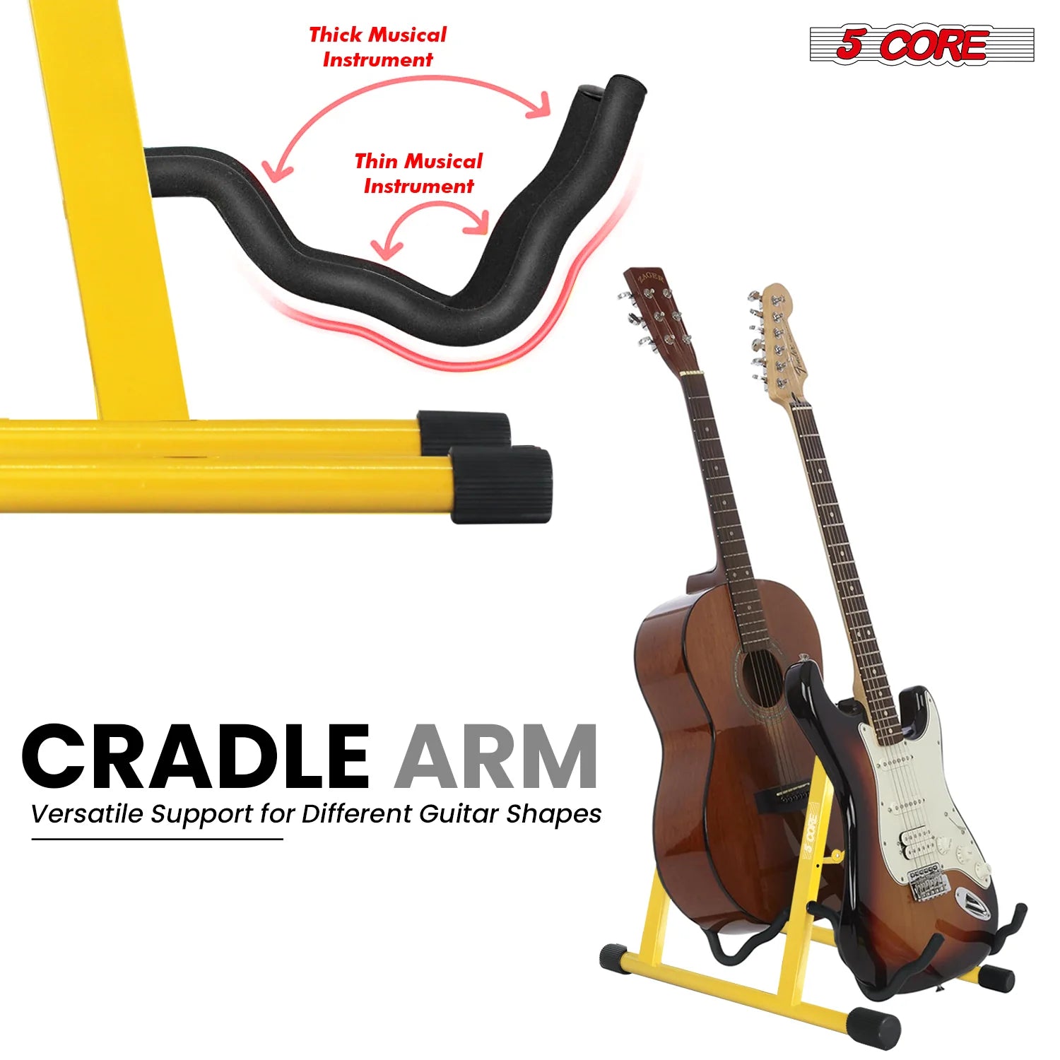 5CORE Double Guitar Stand | Adjustable & Foldable A-Frame for Acoustic & Electric Guitars (Yellow)