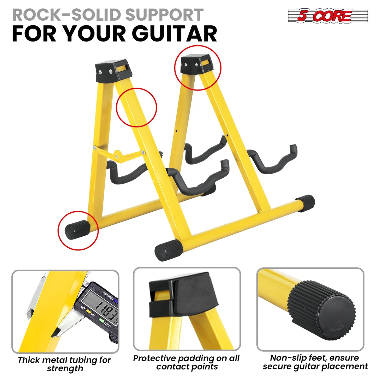 5CORE Double Guitar Stand | Adjustable & Foldable A-Frame for Acoustic & Electric Guitars (Yellow)